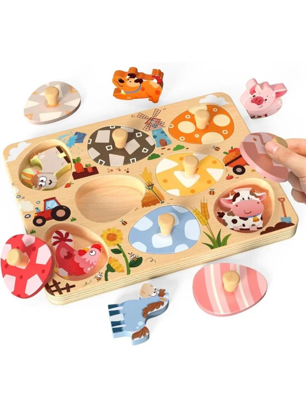 Easter Wooden Farm Animal Puzzles for Toddlers, 8-Pc Montessori Educational Toys